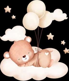 A teddy bear asleep on a cloud, holding balloons