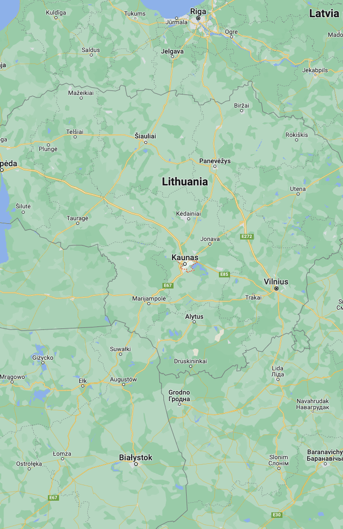 Map of Lithuania showing Kaunas, Vilnius and Riga